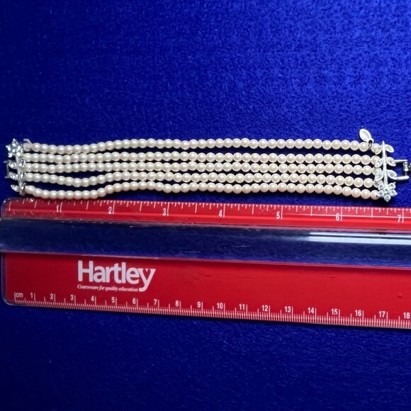 Vintage Faux Pearl Multistrand Bracelet | Cubic Zirconia Floral Clasp | Timeless - Picture 2 of 8